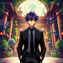 A tall male with shaggy purple hair and striking orange eyes, dressed in a sleek black blazer and a perfectly tied black tie, standing confidently in front of a grand entrance of a monster academy