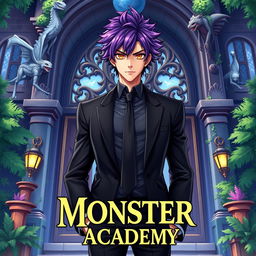 A tall male with shaggy purple hair and striking orange eyes, dressed in a sleek black blazer and a perfectly tied black tie, standing confidently in front of a grand entrance of a monster academy