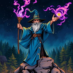 A detailed and dynamic illustration of a wizard casting a spell, standing on a rocky outcrop