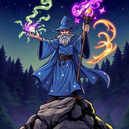 A detailed and dynamic illustration of a wizard casting a spell, standing on a rocky outcrop