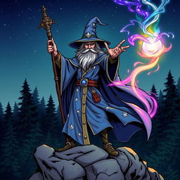 A detailed and dynamic illustration of a wizard casting a spell, standing on a rocky outcrop