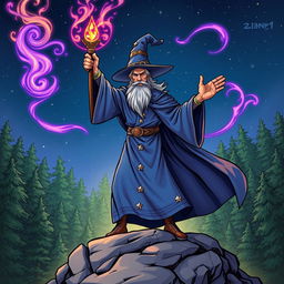 A detailed and dynamic illustration of a wizard casting a spell, standing on a rocky outcrop