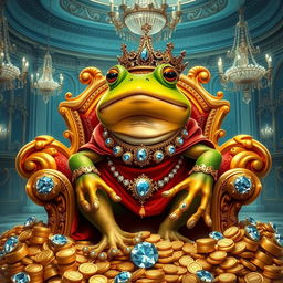 A wealthy frog, adorned in exquisite jewelry, sitting on a luxurious throne made of gold and jewels