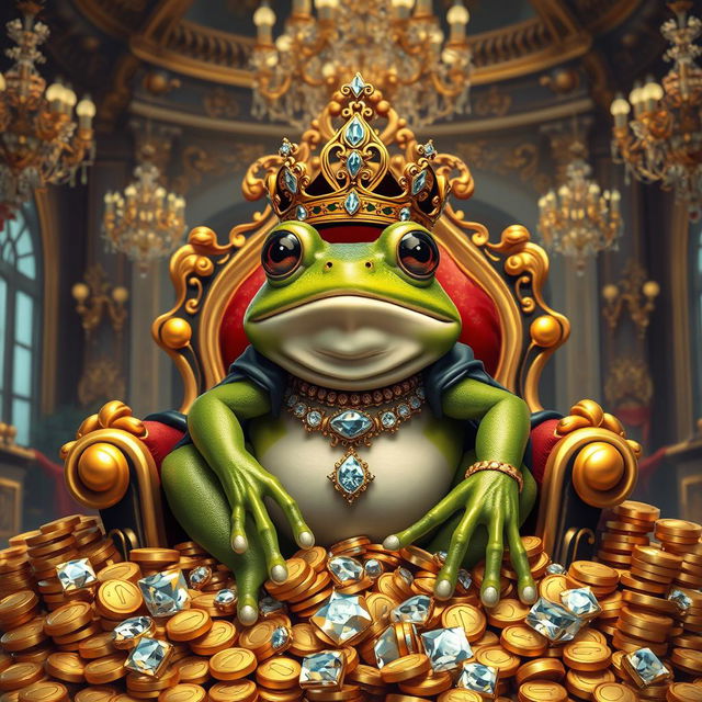 A wealthy frog, adorned in exquisite jewelry, sitting on a luxurious throne made of gold and jewels