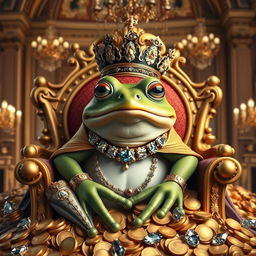 A wealthy frog, adorned in exquisite jewelry, sitting on a luxurious throne made of gold and jewels