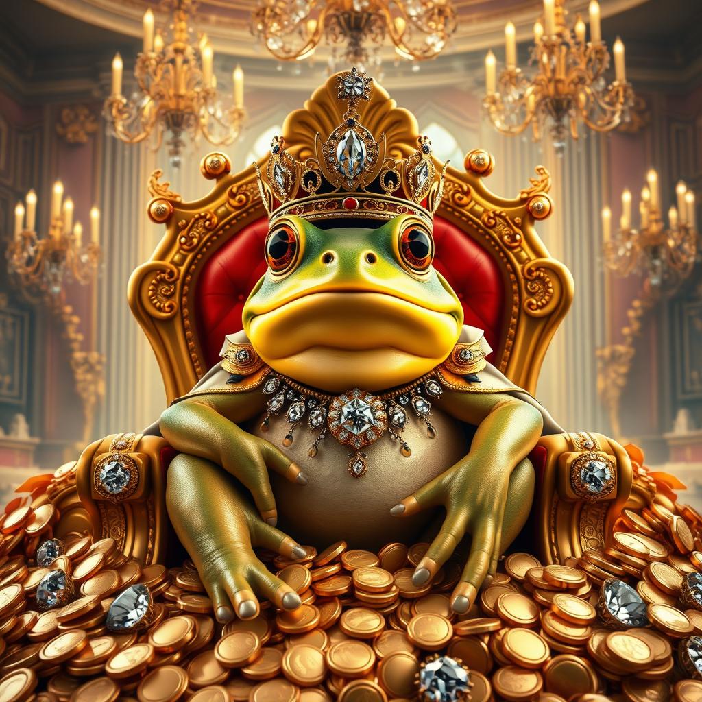 A wealthy frog, adorned in exquisite jewelry, sitting on a luxurious throne made of gold and jewels