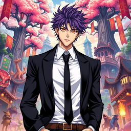 A striking light novel cover featuring a tall male character with shaggy purple hair and captivating orange eyes