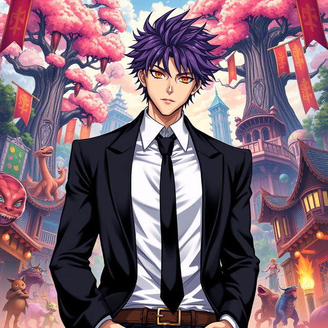 A striking light novel cover featuring a tall male character with shaggy purple hair and captivating orange eyes