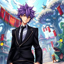 A striking light novel cover featuring a tall male character with shaggy purple hair and captivating orange eyes