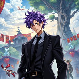 A striking light novel cover featuring a tall male character with shaggy purple hair and captivating orange eyes