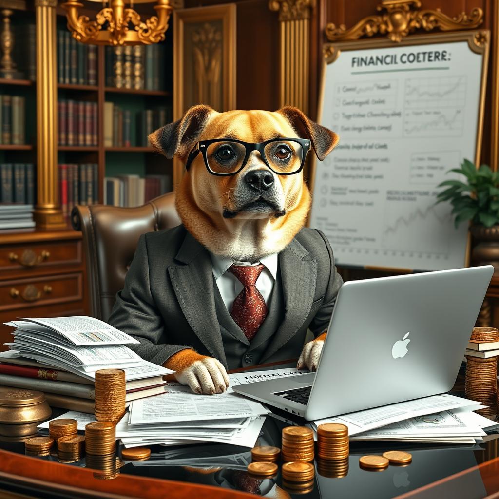 A wealthy dog dressed in a sophisticated business suit, sitting at a luxurious desk piled with financial reports and charts