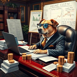 A wealthy dog dressed in a sophisticated business suit, sitting at a luxurious desk piled with financial reports and charts