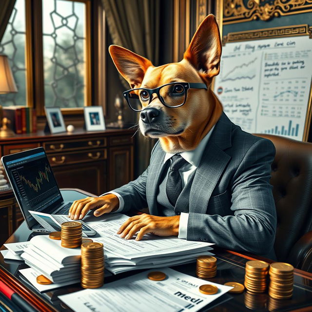 A wealthy dog dressed in a sophisticated business suit, sitting at a luxurious desk piled with financial reports and charts