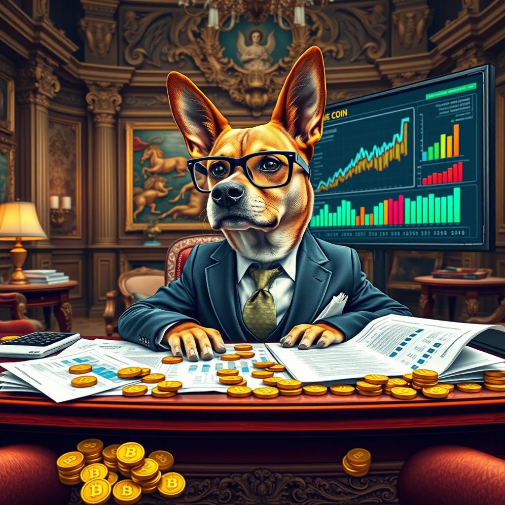 A wealthy dog in a sharp business suit, sitting at a grand desk covered with financial documents and charts focused on creating a successful meme coin