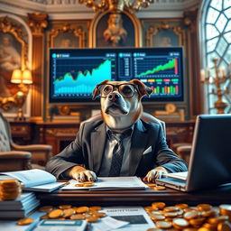 A wealthy dog in a sharp business suit, sitting at a grand desk covered with financial documents and charts focused on creating a successful meme coin
