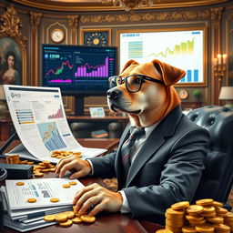 A wealthy dog in a sharp business suit, sitting at a grand desk covered with financial documents and charts focused on creating a successful meme coin