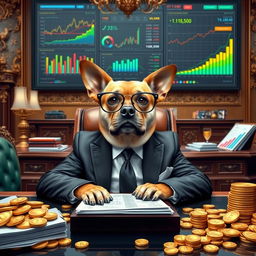 A wealthy dog in a sharp business suit, sitting at a grand desk covered with financial documents and charts focused on creating a successful meme coin