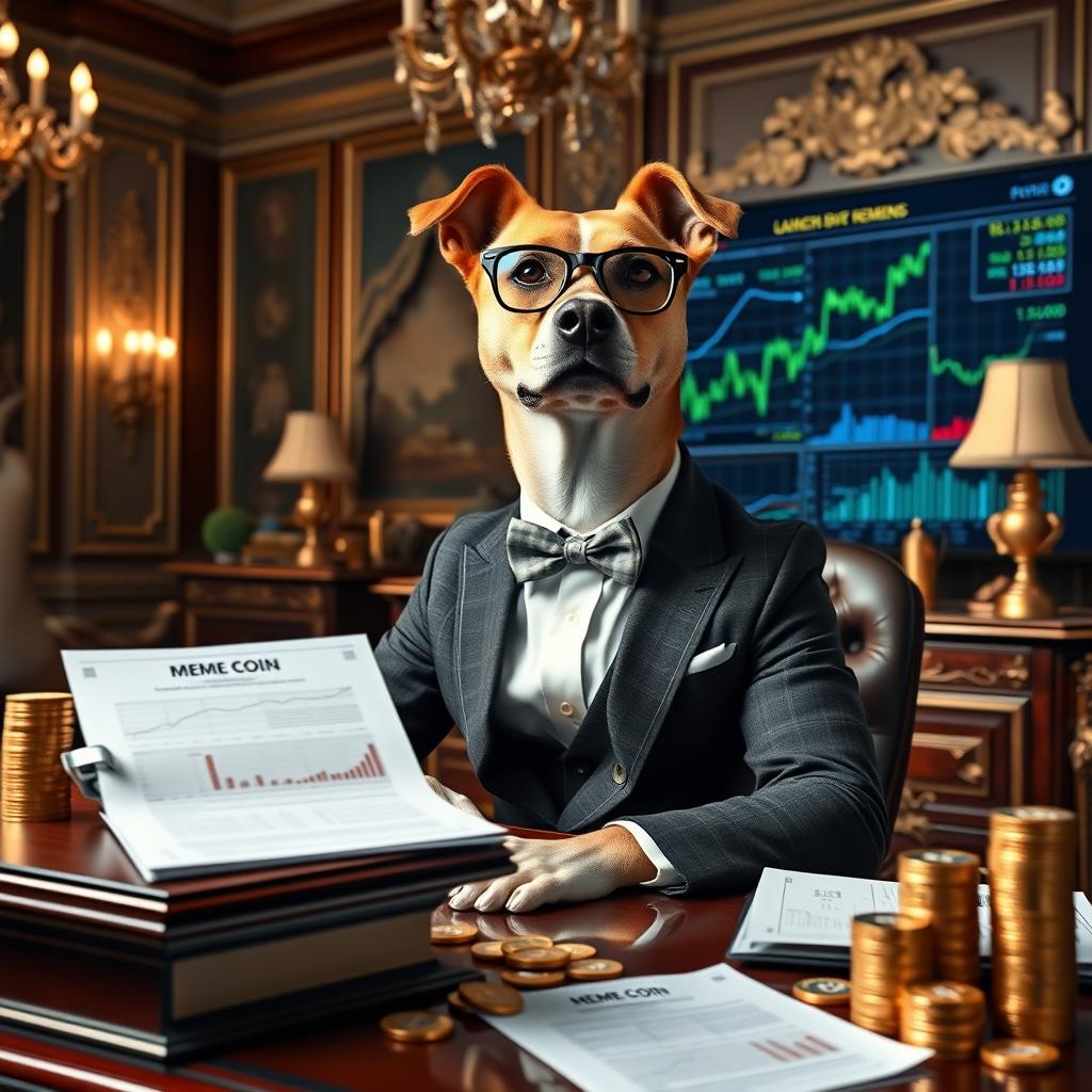 A wealthy dog with a fit physique, dressed in an elegant business suit, confidently sitting at an ornate desk filled with financial charts and cryptocurrency documents