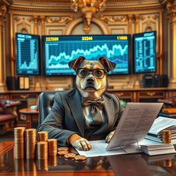A wealthy dog with a fit physique, dressed in an elegant business suit, confidently sitting at an ornate desk filled with financial charts and cryptocurrency documents