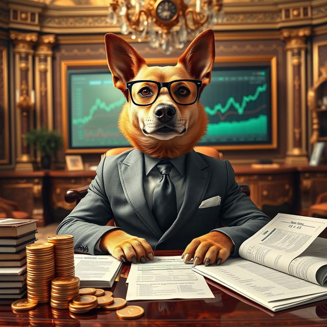 A wealthy dog with a fit physique, dressed in an elegant business suit, confidently sitting at an ornate desk filled with financial charts and cryptocurrency documents