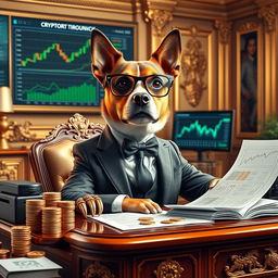 A wealthy dog with a fit physique, dressed in an elegant business suit, confidently sitting at an ornate desk filled with financial charts and cryptocurrency documents