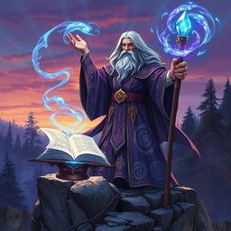 A powerful wizard in a magnificent, flowing robe covered with arcane symbols, standing on a rocky outcrop during twilight