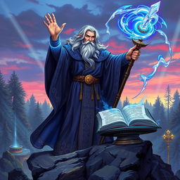 A powerful wizard in a magnificent, flowing robe covered with arcane symbols, standing on a rocky outcrop during twilight