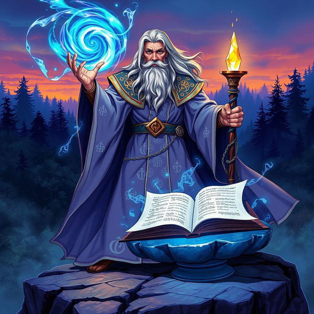 A powerful wizard in a magnificent, flowing robe covered with arcane symbols, standing on a rocky outcrop during twilight