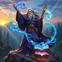 A powerful wizard in a magnificent, flowing robe covered with arcane symbols, standing on a rocky outcrop during twilight