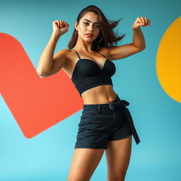 A confident young woman posing in a bold, artistic manner that highlights her strength and empowerment