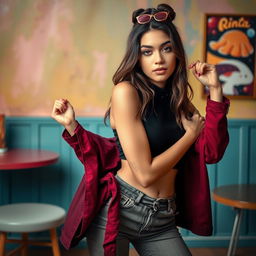 A young woman confidently posing in an artistic and fashionable manner, emphasizing body positivity and self-expression