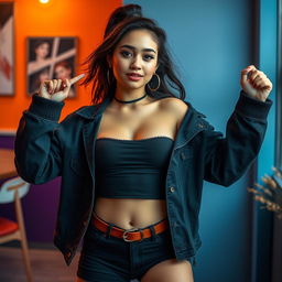 A young woman confidently posing in an artistic and fashionable manner, emphasizing body positivity and self-expression