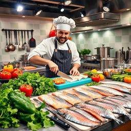 A vibrant and colorful scene depicting a cooking show setup where a chef is skillfully cutting various types of fish and preparing fresh vegetables