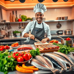 A vibrant and colorful scene depicting a cooking show setup where a chef is skillfully cutting various types of fish and preparing fresh vegetables