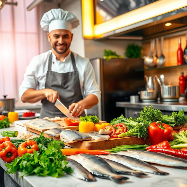 A vibrant and colorful scene depicting a cooking show setup where a chef is skillfully cutting various types of fish and preparing fresh vegetables