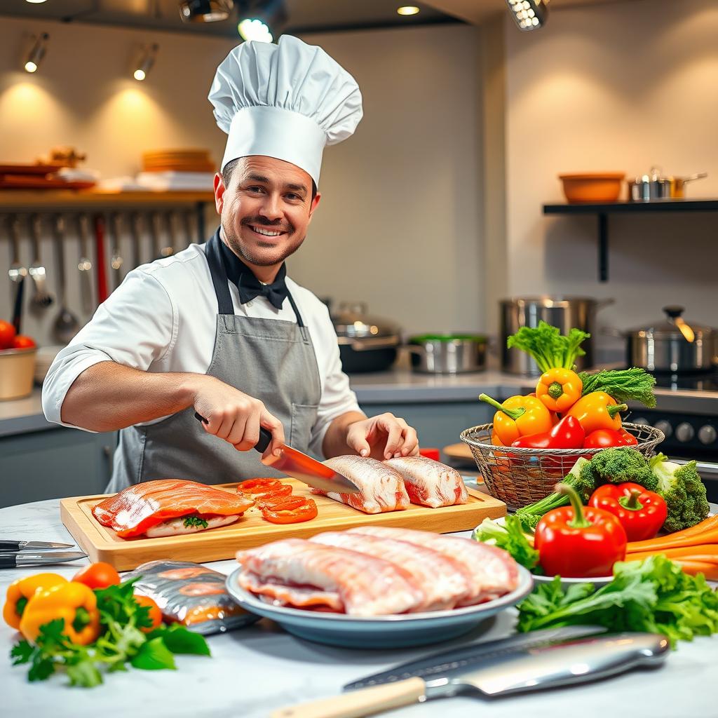 A vibrant and colorful scene depicting a cooking show setup where a chef is skillfully cutting various types of fish and preparing fresh vegetables