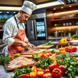 A lively and engaging scene of a cooking show featuring a talented chef expertly cutting fresh fish and vibrant peppers