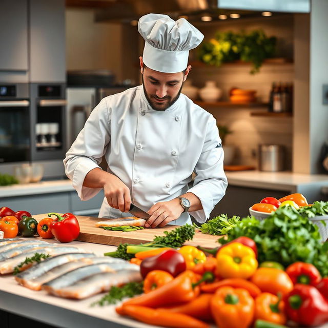 A lively and engaging scene of a cooking show featuring a talented chef expertly cutting fresh fish and vibrant peppers