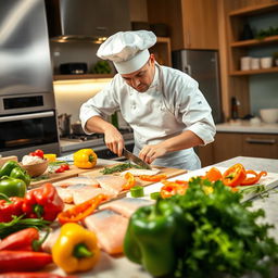 A lively and engaging scene of a cooking show featuring a talented chef expertly cutting fresh fish and vibrant peppers