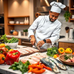 A lively and engaging scene of a cooking show featuring a talented chef expertly cutting fresh fish and vibrant peppers