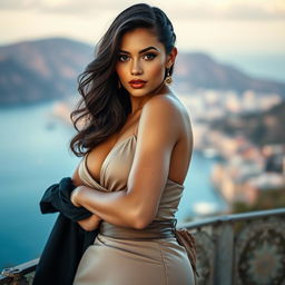 A confident young woman with fair skin, artistically posing in a way that highlights her beauty and self-assuredness