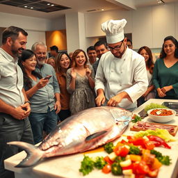 A captivating scene where a group of enthusiastic people watch in amazement as a skilled chef expertly cuts a large, glistening tuna fish