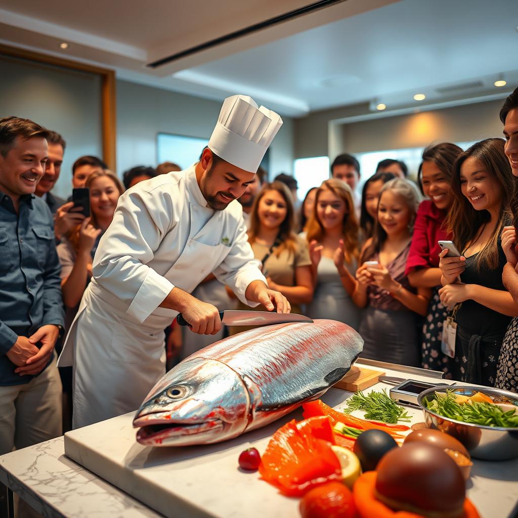 A captivating scene where a group of enthusiastic people watch in amazement as a skilled chef expertly cuts a large, glistening tuna fish