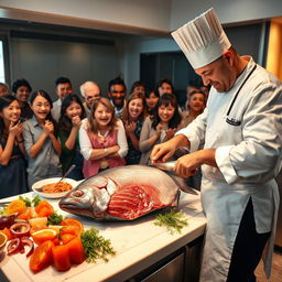A captivating scene where a group of enthusiastic people watch in amazement as a skilled chef expertly cuts a large, glistening tuna fish