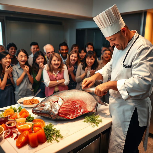 A captivating scene where a group of enthusiastic people watch in amazement as a skilled chef expertly cuts a large, glistening tuna fish