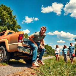A humorous scene depicting a guy on the back of a broken down pickup truck trying to push it