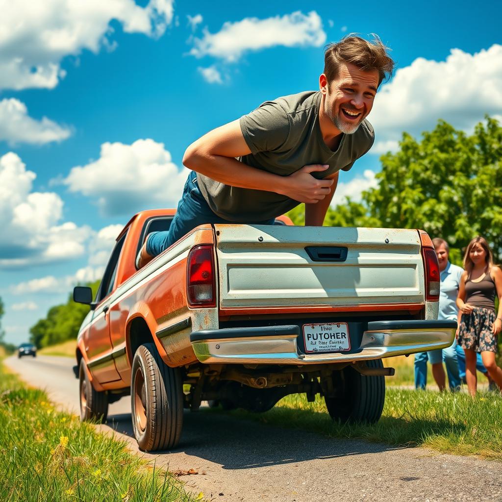 A humorous scene depicting a guy on the back of a broken down pickup truck trying to push it