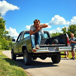 A humorous scene depicting a guy on the back of a broken down pickup truck trying to push it