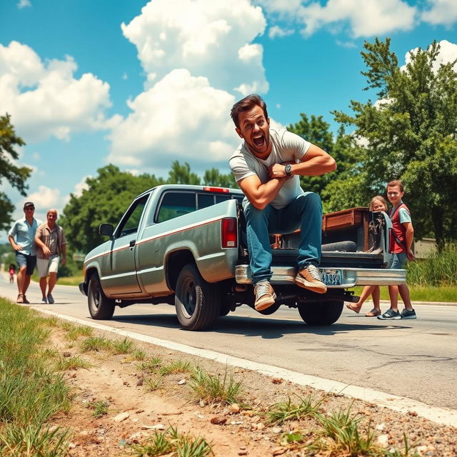 A humorous scene depicting a guy on the back of a broken down pickup truck trying to push it