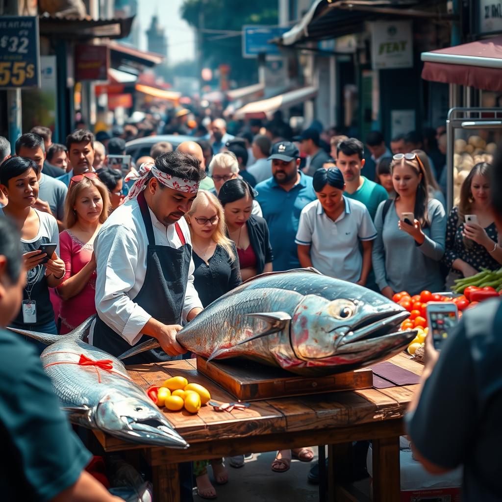 A bustling street scene where a crowd of people gathers, watching in amazement as a skilled chef fillets a large, fresh tuna fish on a vibrant outdoor market setup